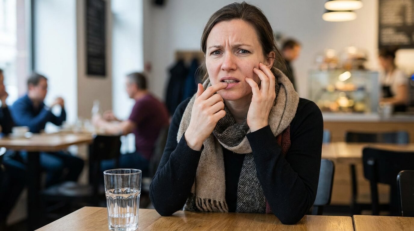 Femme touchant sa bouche avec une expression d'incompréhension, ressentant une sensation de fraîcheur mentholée persistante sans avoir mangé de menthe