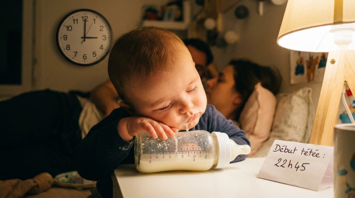 Bébé s'endormant sur son biberon à moitié plein, illustrant la fatigue et la lenteur de la prise alimentaire qui dure plus d'une heure