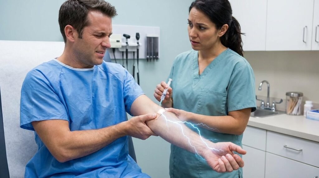 Patient ressentant une douleur fulgurante type décharge électrique dans le bras et la main suite à une piqûre mal positionnée