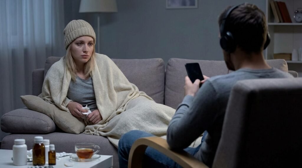 Femme malade alitée regardant tristement son conjoint qui l'ignore et consulte son téléphone, illustrant le sentiment d'abandon