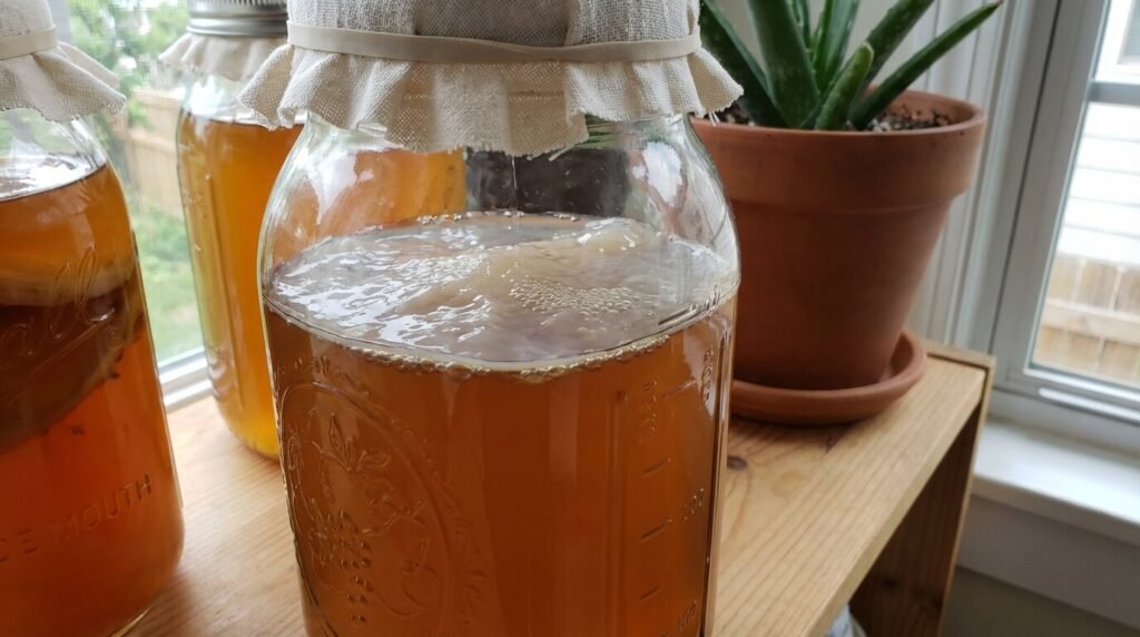 Bocal en verre contenant du thé sucré où une fine pellicule blanchâtre (la nouvelle mère de kombucha) commence à se former en surface