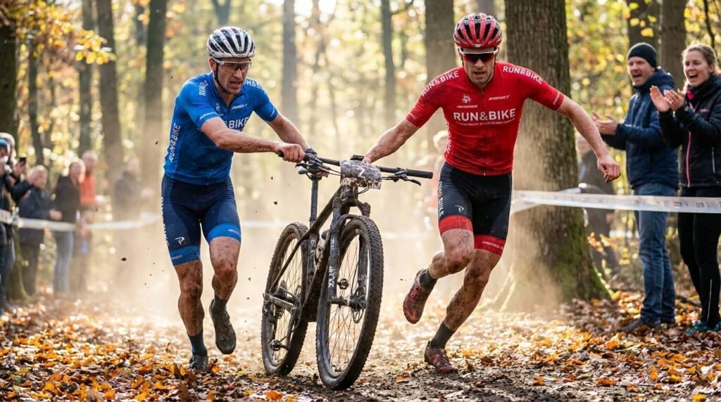 Binôme de Run & Bike effectuant un changement de vélo "à la volée" (main à main) sans s'arrêter pour optimiser le temps