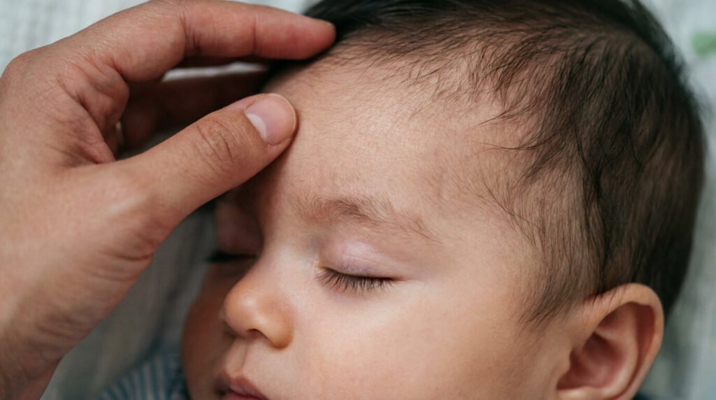 Gros plan sur le visage d'un nourrisson de 6 mois présentant un fin duvet sombre sur le front et les tempes, source d'inquiétude pour les parents