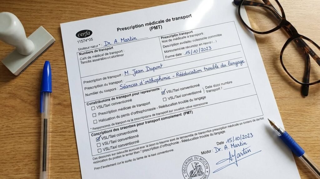 Exemple de formulaire Cerfa "Prescription médicale de transport" (PMT) rempli par un médecin pour des séances d'orthophonie