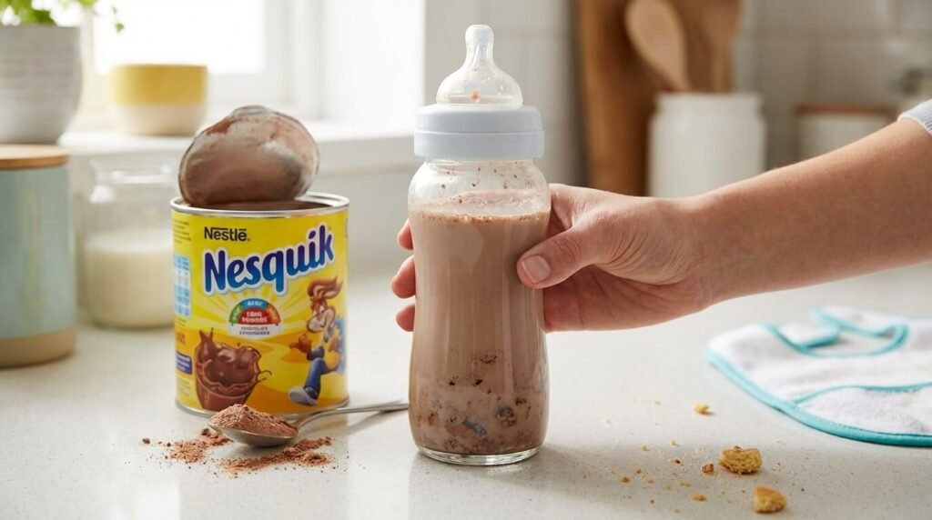 Biberon de lait mélangé avec de la poudre chocolatée type Nesquik, une pratique courante mais déconseillée avant un certain âge
