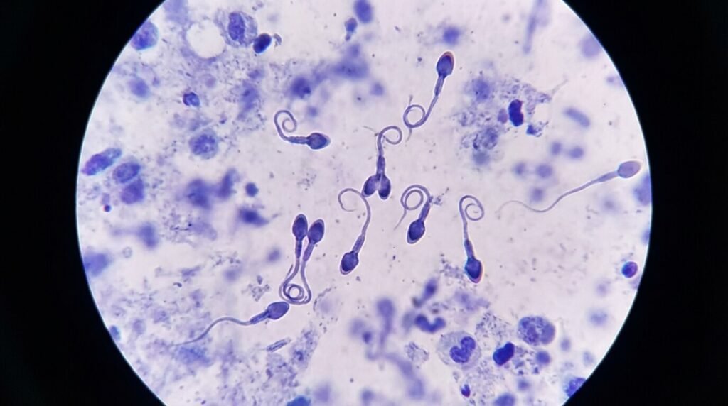 Vue au microscope d'un échantillon de sperme analysé selon les critères de Kruger, montrant des spermatozoïdes aux têtes irrégulières ou flagelles enroulés