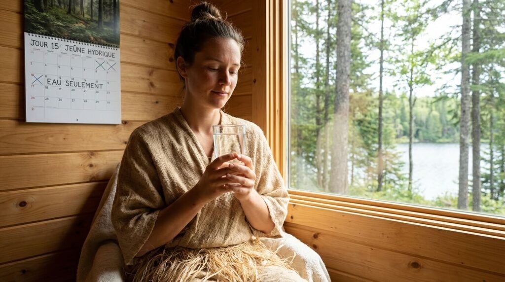 Personne pratiquant le jeûne hydrique tenant un verre d'eau dans un environnement calme, illustrant la seule alimentation autorisée pendant 15 jours