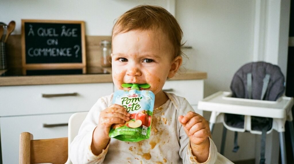 Bébé tenant une gourde de compote type Pom'Pote en main et essayant de la manger seul, illustrant la question de l'âge d'introduction