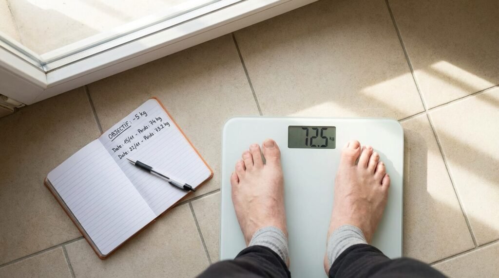 Pieds d'une personne sur un pèse-personne affichant le poids, avec un carnet de notes à côté pour le suivi des objectifs de perte de poids