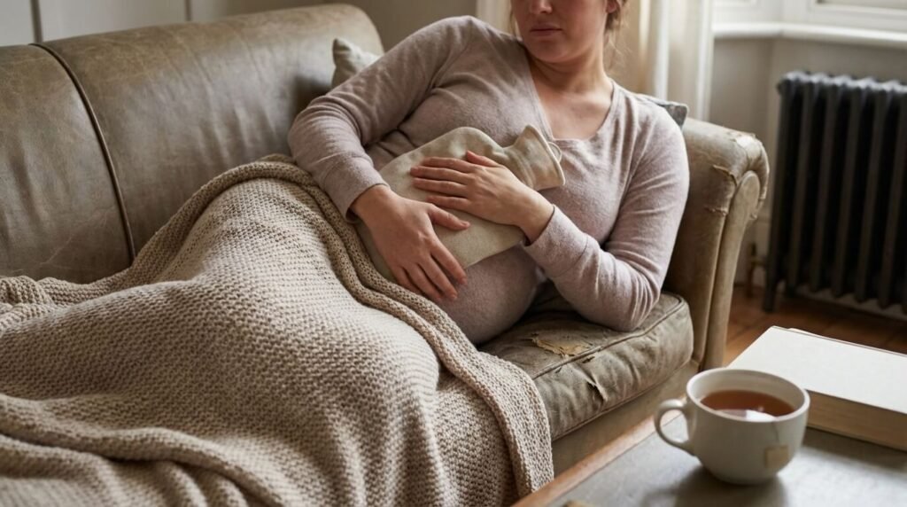 Femme allongée sur un canapé tenant une bouillotte sur son ventre gonflé pour soulager les crampes utérines après une interruption de grossesse
