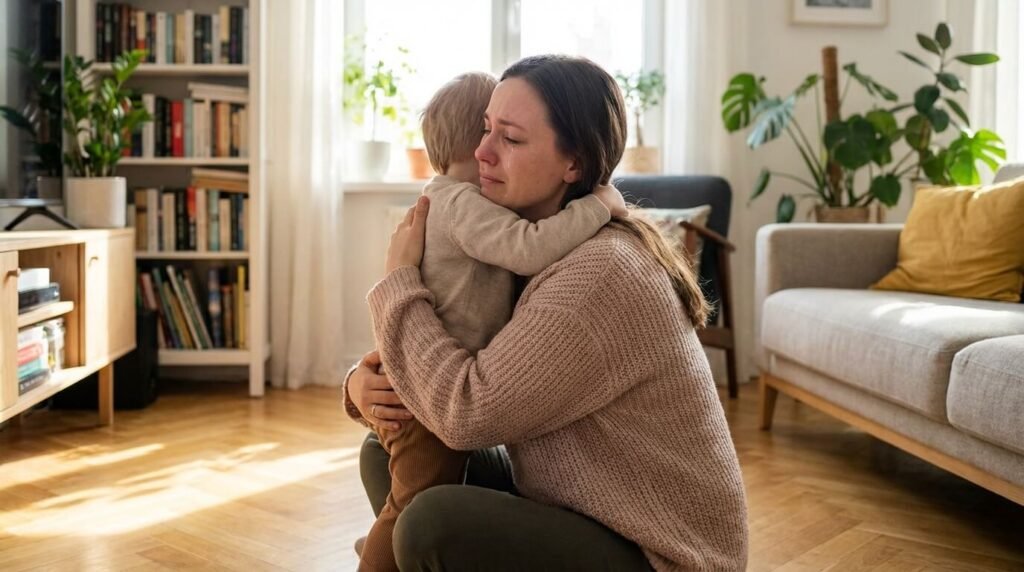 Scène douce de réconciliation où une maman s'accroupit à la hauteur de son enfant pour s'excuser et lui faire un câlin réparateur