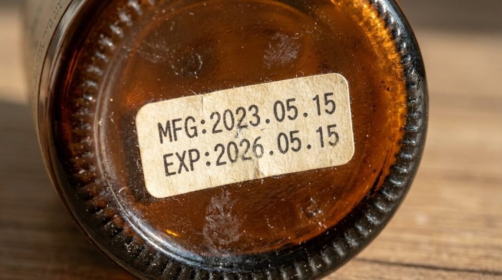 Zoom macro sur le fond d'un flacon de cosmétique ou d'un complément alimentaire affichant clairement les mentions "MFG" et "EXP", illustrant la différence entre date de fabrication et date de péremption