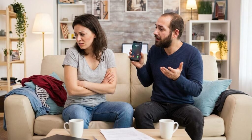 Couple en pleine dispute dans le salon, le mari tenant son téléphone après un appel avec sa mère, illustrant l'intrusion parentale dans la vie conjugale