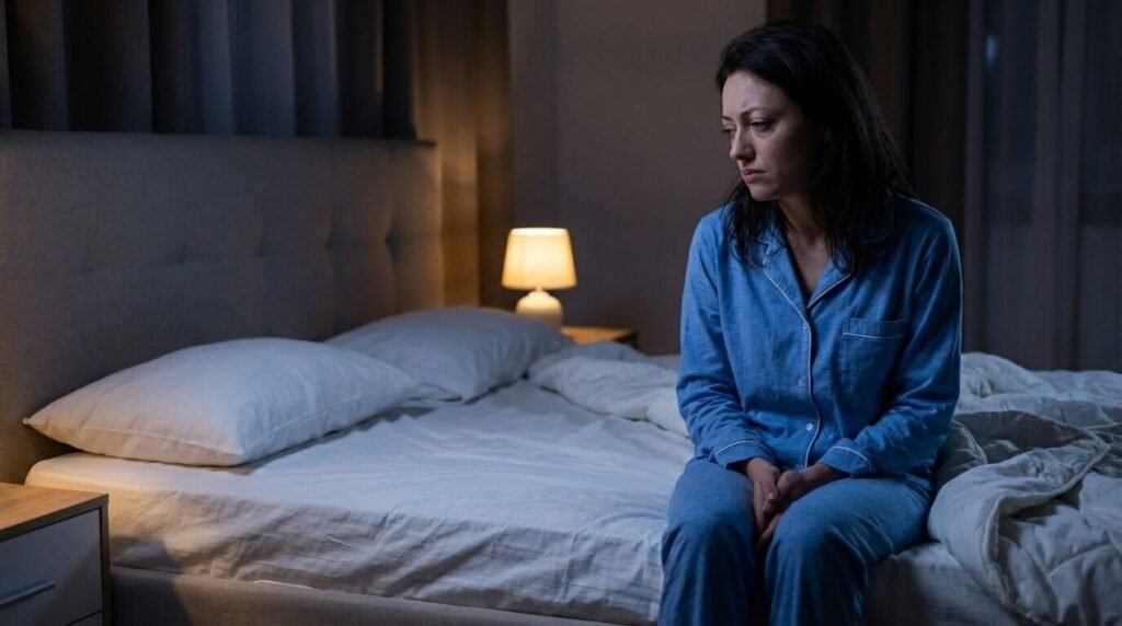 Femme n'arrivant pas à dormir seule dans un grand lit double, regardant la place vide de son conjoint absent