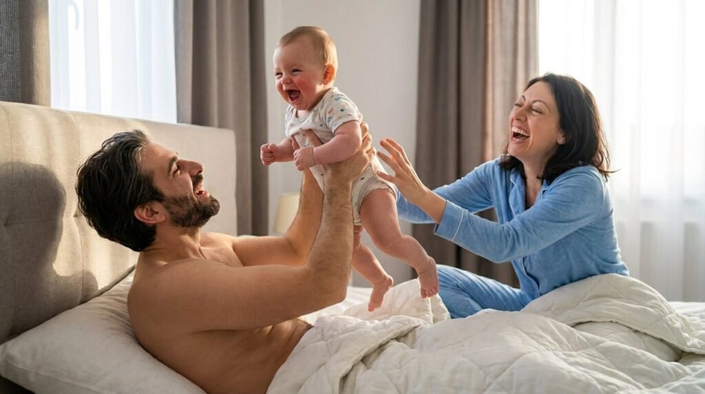 Bébé de 6 mois en plein éclat de rire lors d'un jeu avec ses parents, illustrant la joie mais aussi l'intensité physique de l'émotion