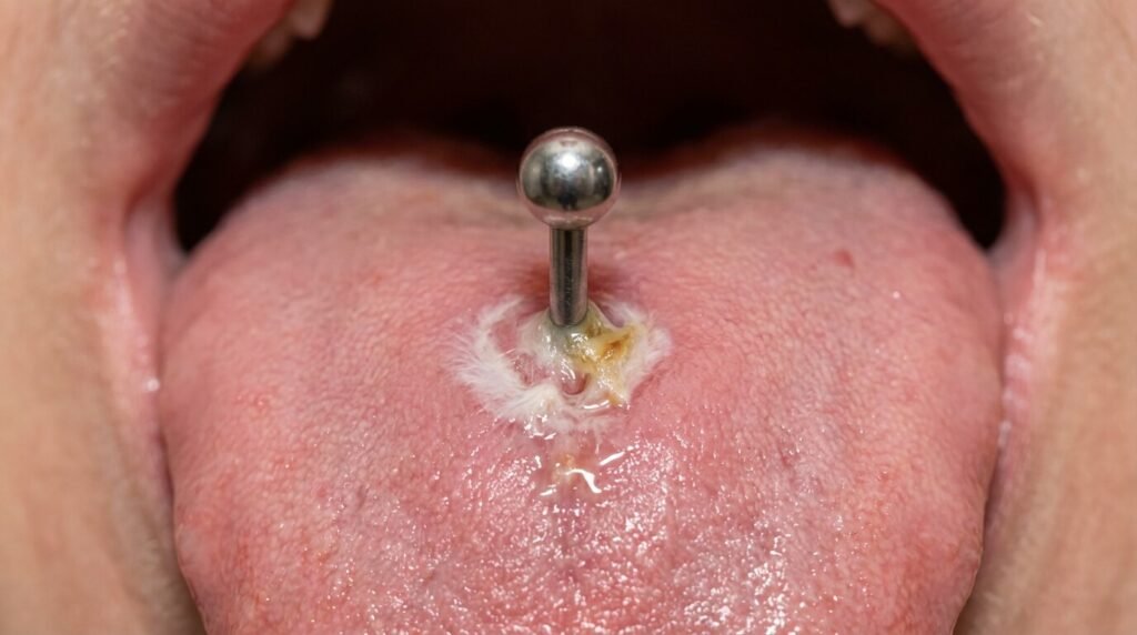 Vue rapprochée d'un piercing à la langue en cours de cicatrisation, montrant un anneau de tissu blanc et une sécrétion de lymphe autour de la tige métallique
