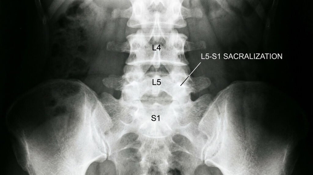 Radiographie du bas du dos montrant une vertèbre L5 fusionnée avec le sacrum (sacralisation), une anomalie transitionnelle fréquente