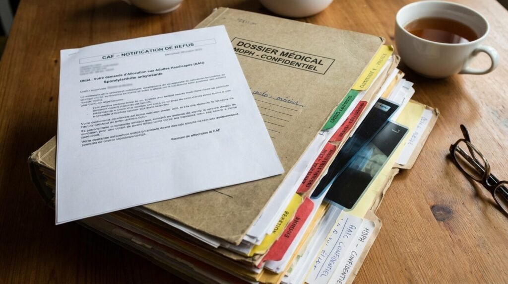 Lettre de notification de refus de l'AAH reçue par une personne atteinte de spondylarthrite, posée sur un dossier médical MDPH complexe