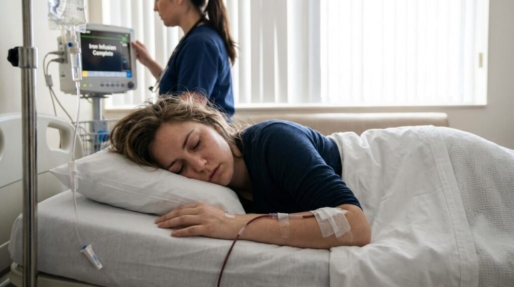 Grosse fatigue après perfusion de fer : Effet secondaire normal ou échec du traitement ? 2 Femme ressentant une fatigue intense allongée dans un lit d'hôpital juste après une injection intraveineuse de fer, illustrant l'effet paradoxal du traitement