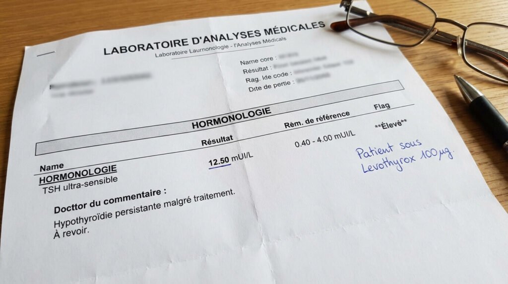 Résultat d'analyse sanguine montrant un taux de TSH supérieur à la norme (hypothyroïdie) malgré la prise quotidienne de Levothyrox