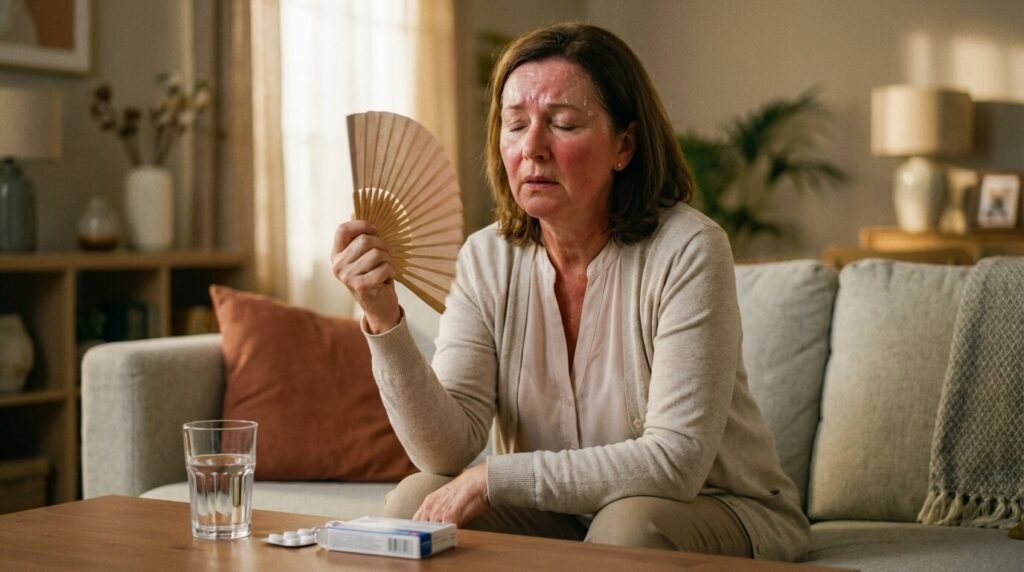 Femme d'âge mûr ressentant une bouffée de chaleur et de la fatigue, symptômes communs à la ménopause et au dérèglement thyroïdien