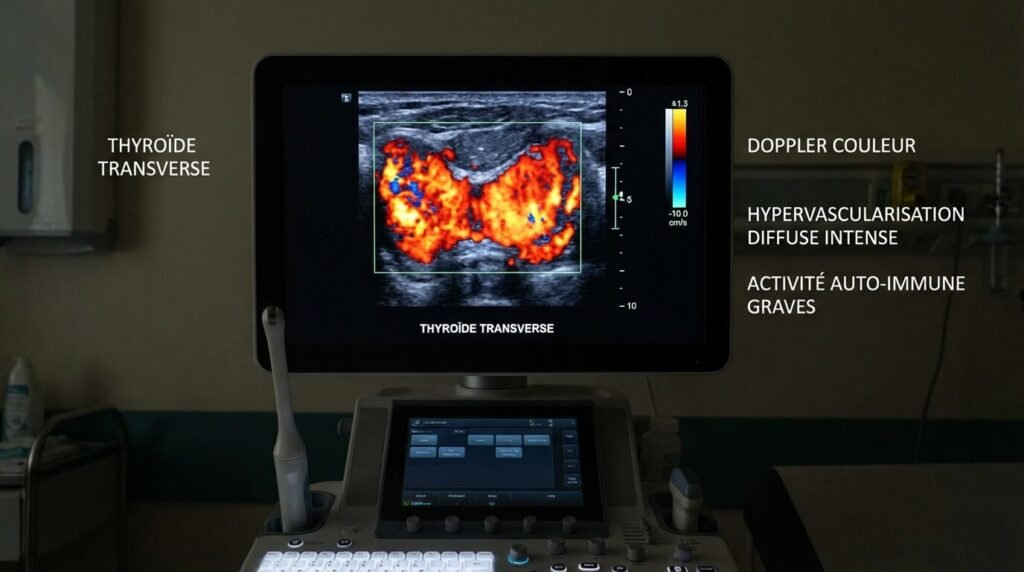 Échographie thyroïdienne en mode Doppler couleur montrant une hypervascularisation diffuse intense (aspect "en feu"), signe caractéristique d'une activité auto-immune