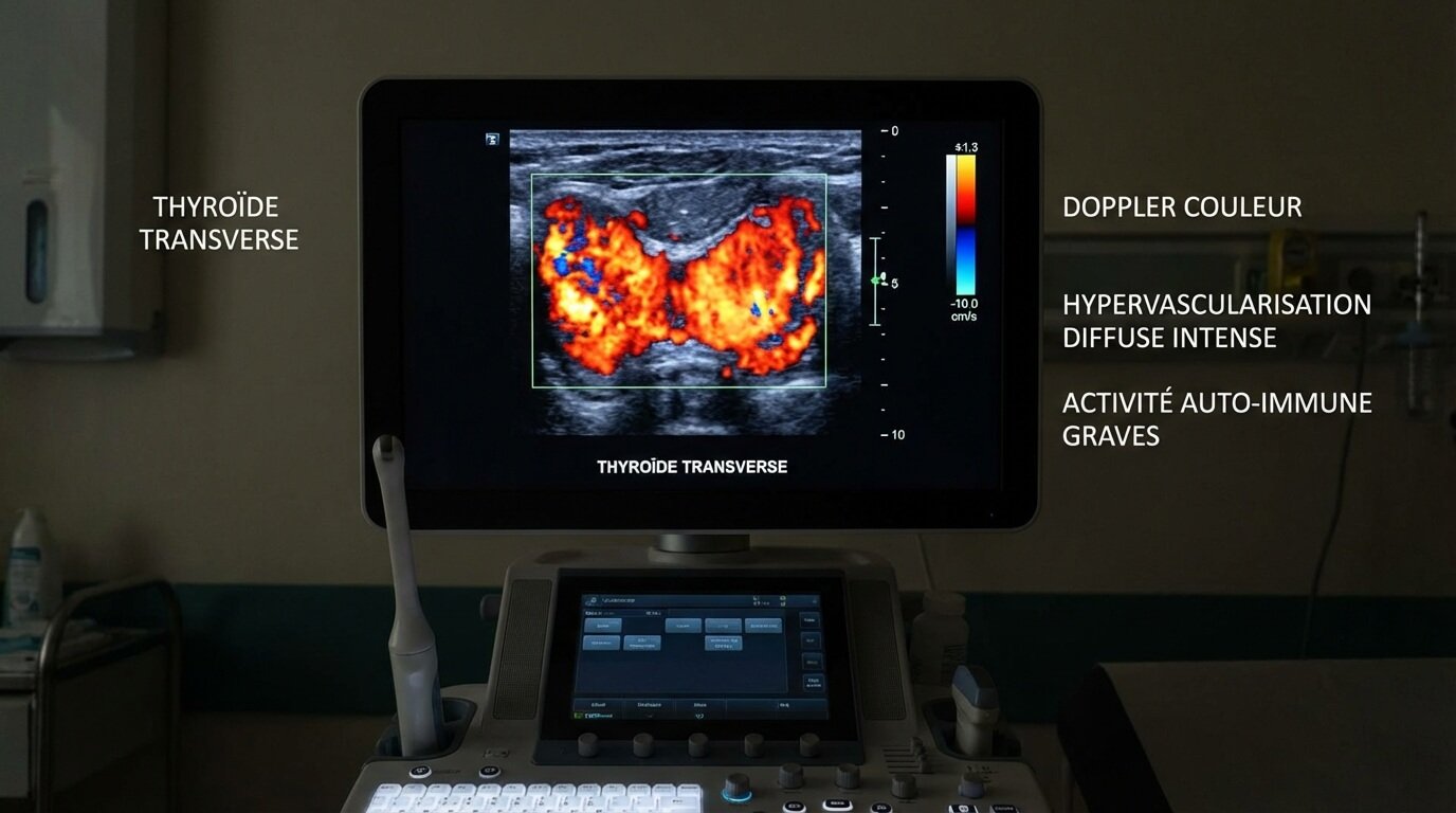 Échographie thyroïdienne en mode Doppler couleur montrant une hypervascularisation diffuse intense (aspect "en feu"), signe caractéristique d'une activité auto-immune