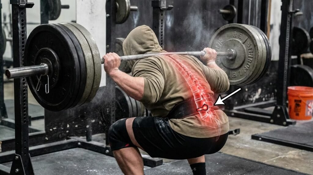 Pratiquant de musculation effectuant un squat lourd avec une flexion lombaire excessive (dos rond), illustrant le risque majeur de hernie discale