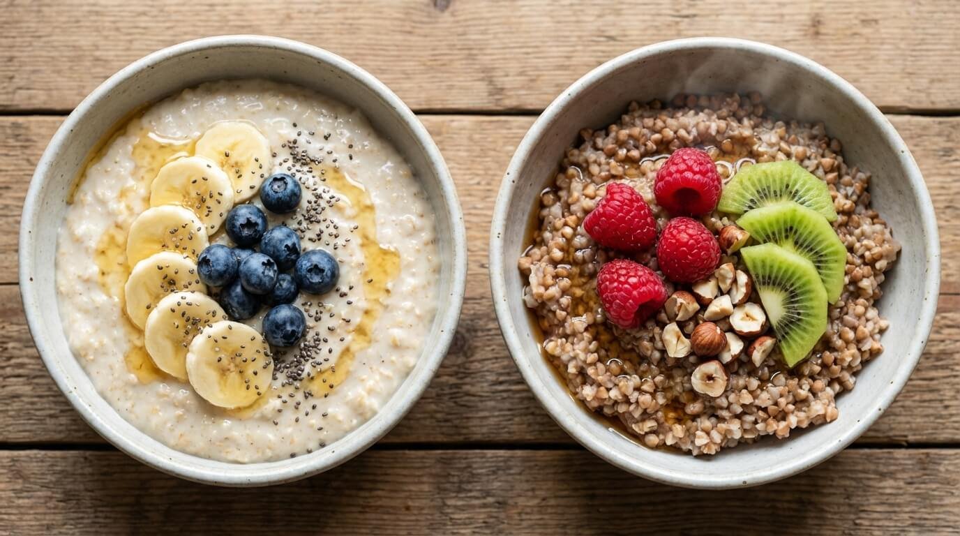 Deux bols de porridge préparés côte à côte, montrant la texture crémeuse de l'avoine à gauche et la texture plus granuleuse du sarrasin à droite, garnis de fruits frais