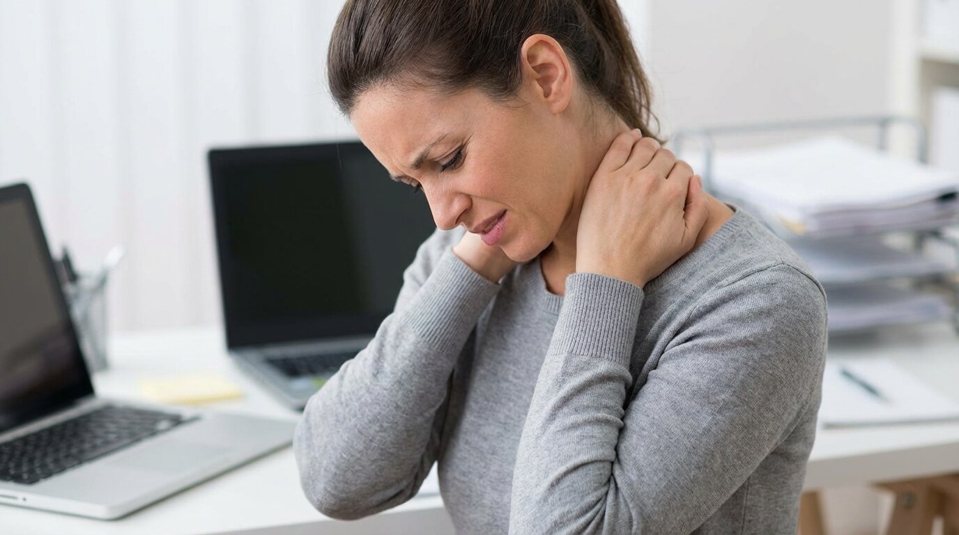 Femme se massant la nuque et les épaules, montrant des trapèzes supérieurs contractés et proéminents dus au stress et à la mauvaise posture