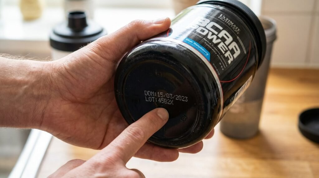 BCAA périmés : Peut-on les consommer sans danger ? Risques, Stabilité et Efficacité 2 Main tenant un pot de BCAA en poudre et pointant la date de durabilité minimale (DDM) dépassée sous le fond de la boîte