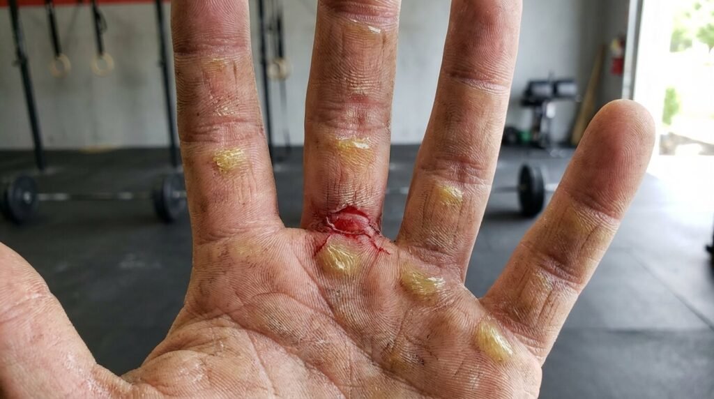 Paume de main d'un athlète montrant des callosités épaisses à la base des doigts et une zone de peau arrachée ("steak"), blessure typique d'une corne mal entretenue