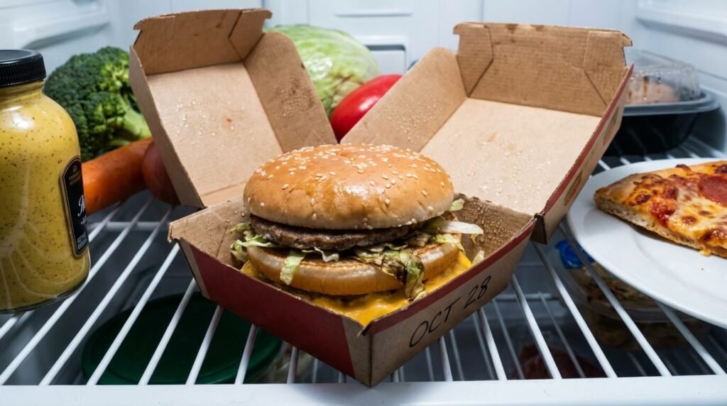 Boîte de Big Mac conservée au réfrigérateur, ouverte, montrant un burger froid après 48 heures de conservation