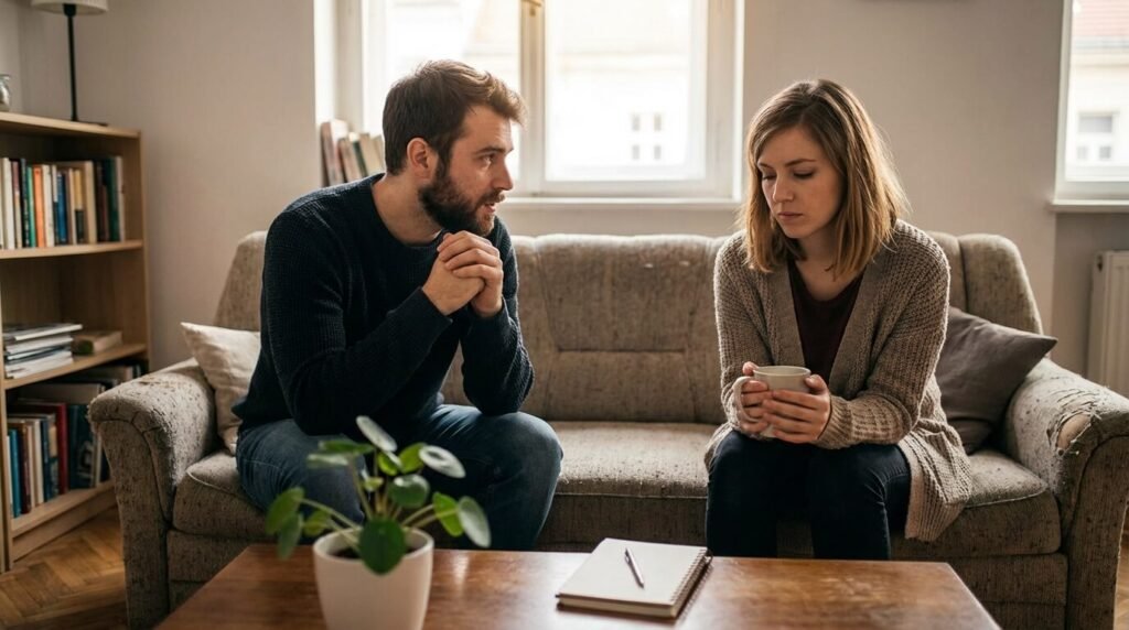 4 mois de relation amoureuse : Le cap décisif entre passion et réalité 2 Couple assis sur un canapé ayant une discussion sérieuse après 4 mois de relation, marquant la transition entre la phase de séduction et la construction du couple