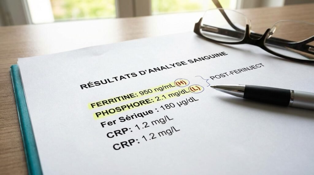Grosse fatigue après perfusion de fer : Effet secondaire normal ou échec du traitement ? 3 Résultats d'analyse sanguine mettant en évidence le taux de ferritine et de phosphore, éléments clés à surveiller après une injection de Ferinject