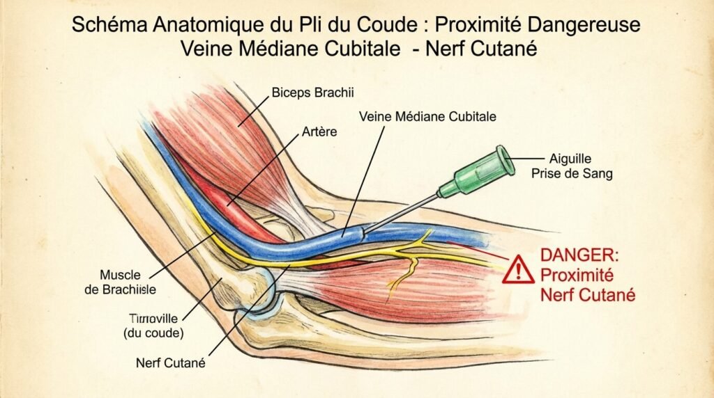 Schéma anatomique du pli du coude montrant la proximité dangereuse entre la veine médiane cubitale et le nerf cutané lors d'une prise de sang
