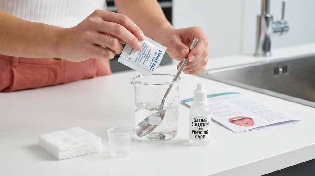Préparation d'une solution saline stérile pour nettoyer le piercing de la langue en douceur sans agresser la flore buccale