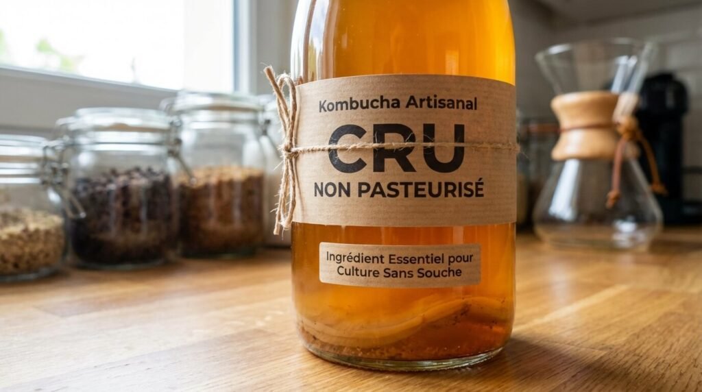 Bouteille de kombucha du commerce étiquetée "Cru" et "Non pasteurisé", ingrédient indispensable pour démarrer une culture sans souche
