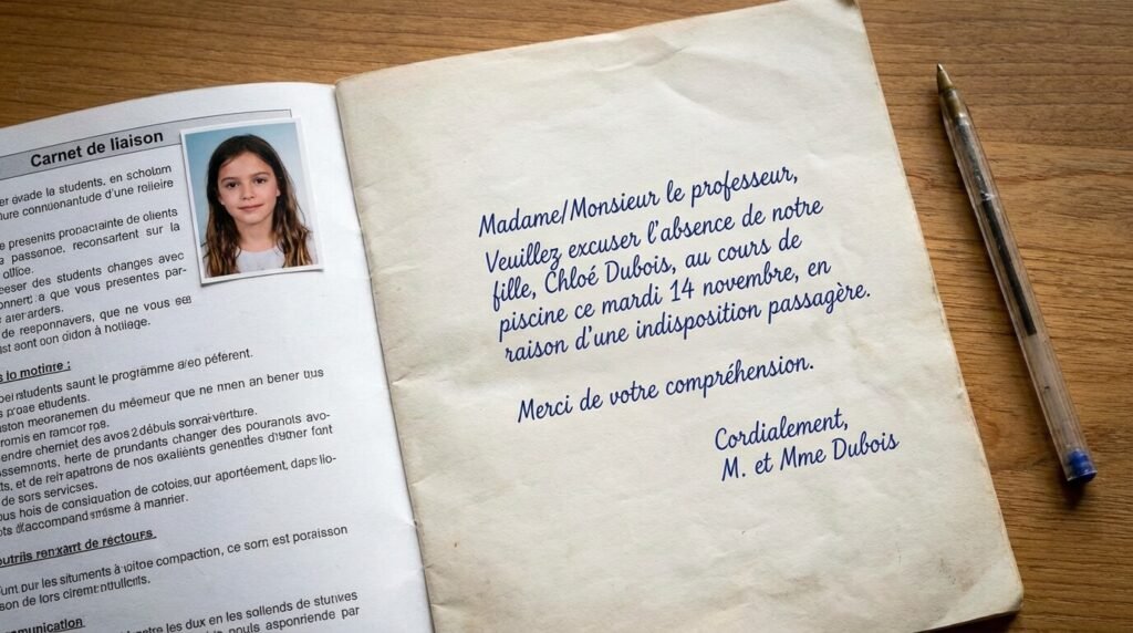 Carnet de liaison scolaire ouvert avec un mot d'excuse manuscrit des parents demandant une dispense exceptionnelle de piscine pour cause d'indisposition