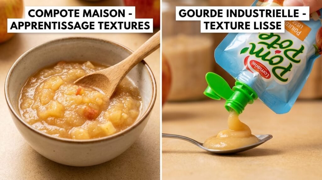 Comparaison visuelle entre un bol de compote maison à la cuillère et une gourde industrielle, soulignant les différences de texture et d'apprentissage