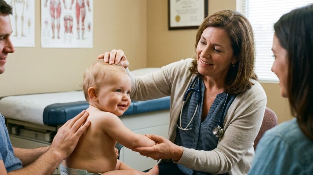 Pédiatre examinant la pilosité d'un bébé pour rassurer les parents sur le caractère bénin et transitoire du duvet