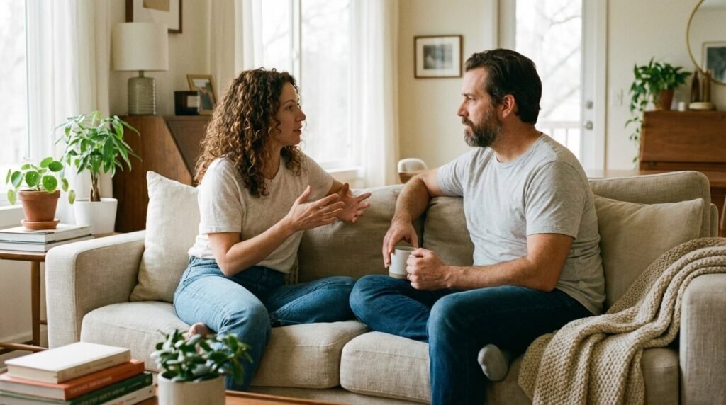 Couple en train de discuter calmement sur le canapé pour résoudre un conflit lié au manque de soutien émotionnel
