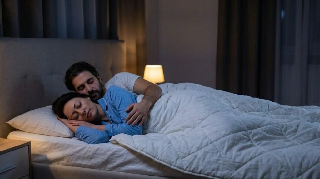 Couple dormant paisiblement enlacé, illustrant le sentiment de sécurité et la co-régulation nerveuse du sommeil à deux