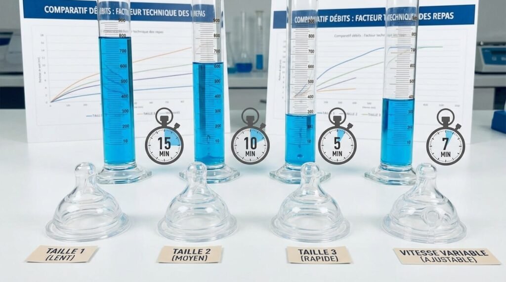 Comparaison des débits de tétines de biberon (taille 1, 2, 3 et vitesse variable), facteur technique principal des repas interminables