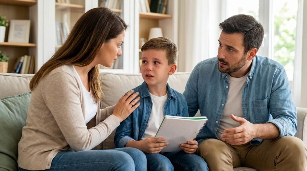 Parents pratiquant l'écoute active avec leur fils pour comprendre les raisons de son angoisse scolaire sans le juger