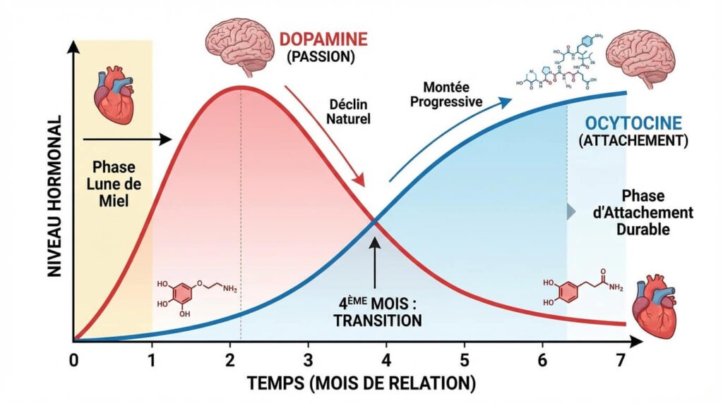 4 mois de relation amoureuse : Le cap décisif entre passion et réalité 3 Graphique illustrant la baisse naturelle de la dopamine (passion) et la montée progressive de l'ocytocine (attachement) vers le 4ème mois de relation