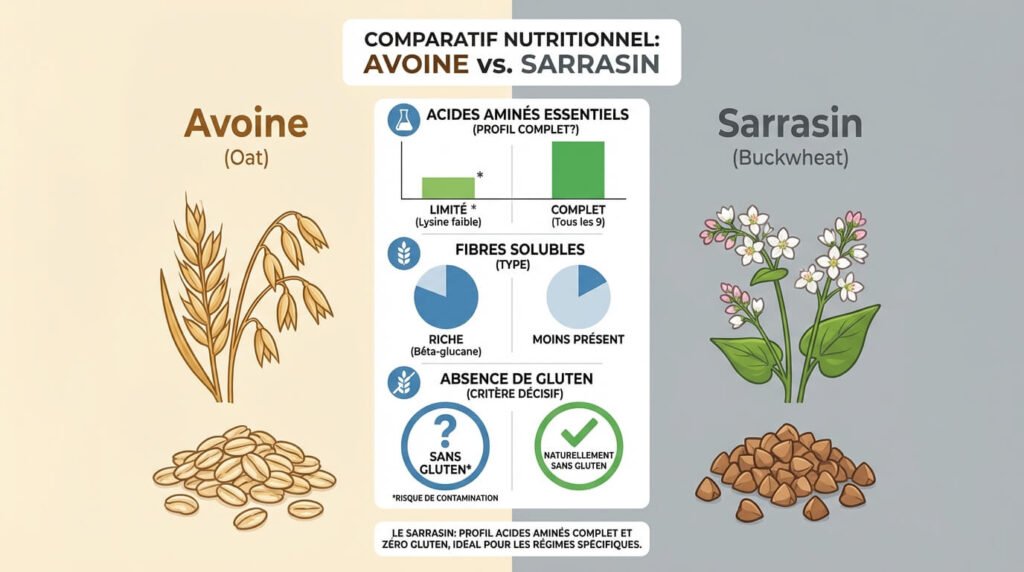 Infographie comparative détaillant les teneurs en acides aminés essentiels, fibres solubles et l'absence de gluten, critère décisif entre l'avoine et le sarrasin