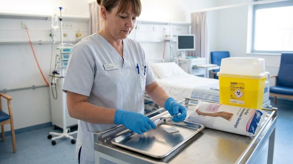 Infirmière préparant une injection d'anticoagulant (type Lovenox) souvent prescrite en complément du port des bas de contention après l'accouchement