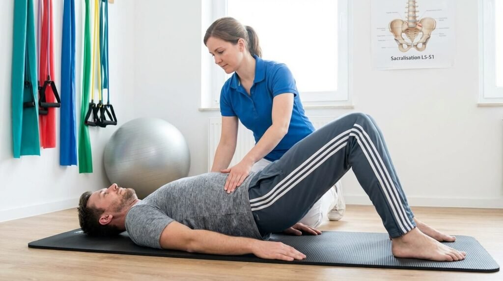 Patient effectuant des exercices de bascule du bassin et de renforcement de la sangle abdominale chez le kiné pour soulager les douleurs liées à la sacralisation