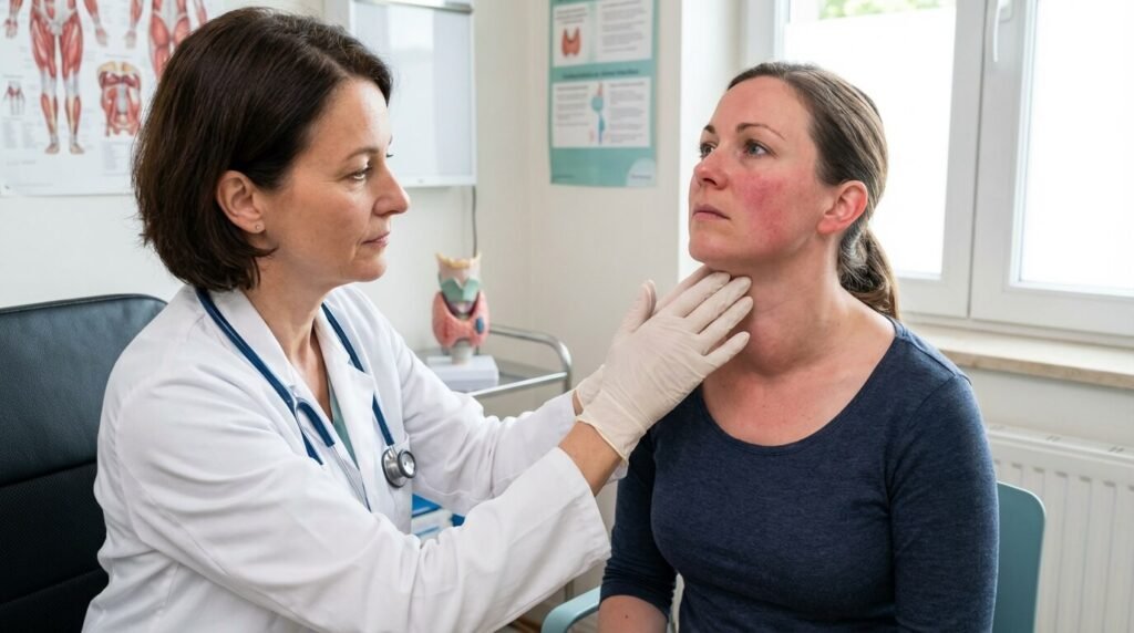 Endocrinologue effectuant une palpation du cou pour détecter un goitre diffus pulsatile chez une patiente présentant une hyperthyroïdie